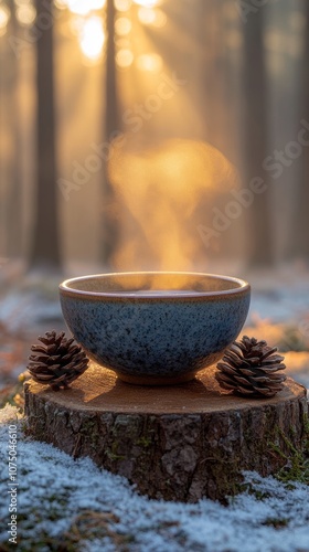 Minimalist photography of steam rising from a cup placed on a stump among frost-covered branches, surrounded by pinecones and forest light, space for text to the left