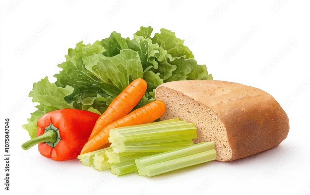 Fresh vegetables and whole grain bread arranged harmoniously, perfect for healthy eating or culinary concepts.