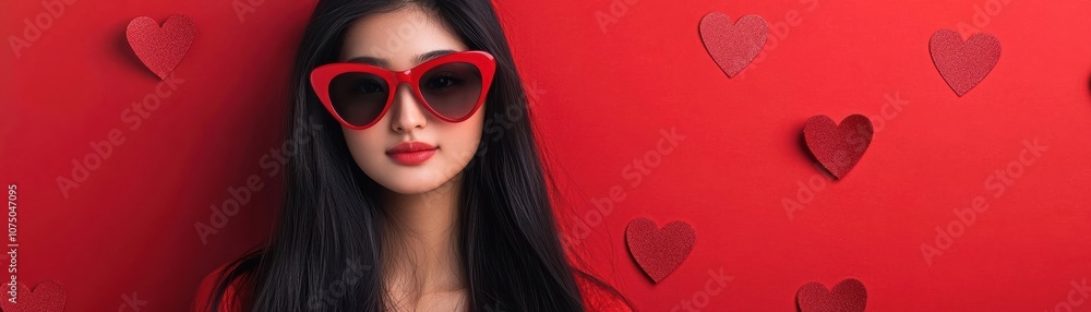A stylish young woman wearing heart-shaped sunglasses against a vibrant red background, exuding confidence and modern fashion vibes. A stylish young woman wearing heart-shaped sunglasses against a vibrant red background, exuding confidence and modern fashion vibes.