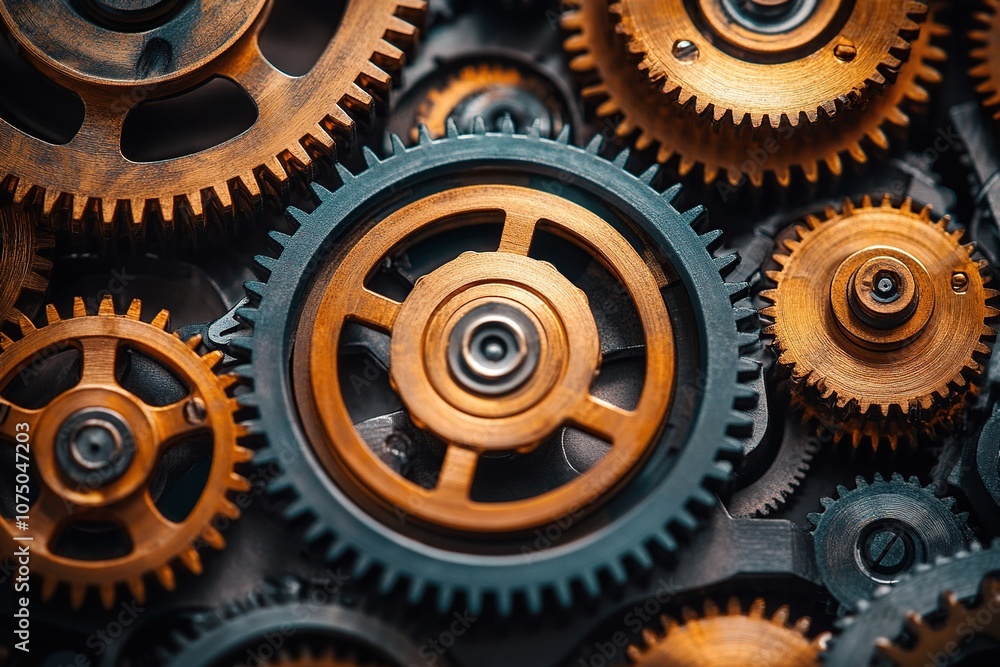 A macro photograph of intricate clock gears and cogs interlocking together. The metallic textures are highlighted in antique gold and bronze tones, showcasing the craftsmanship. A macro photograph of intricate clock gears and cogs interlocking together. The metallic textures are highlighted in antique gold and bronze tones, showcasing the craftsmanship.