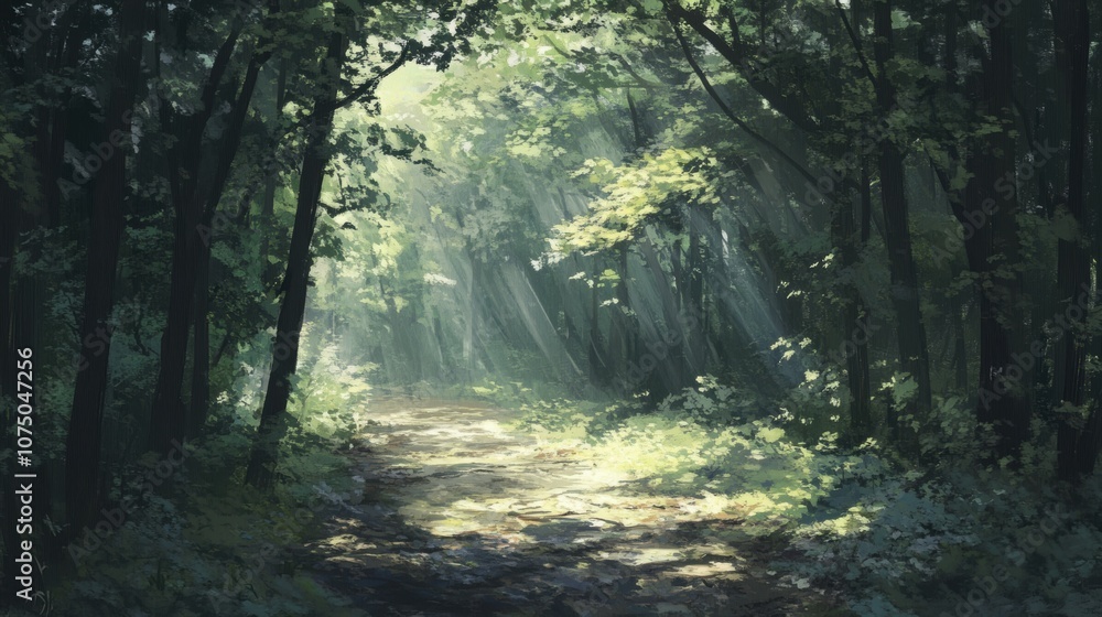 Sunlight Streaming Through Forest Canopy, Illuminating Ground with Soft Dappled Shadows, Enchanting Natural Light Play Sunlight Streaming Through Forest Canopy, Illuminating Ground with Soft Dappled Shadows, Enchanting Natural Light Play
