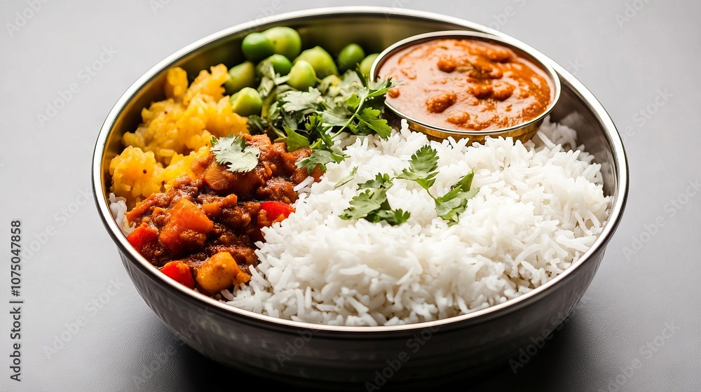 Delicious Indian Meal with Rice, Vegetables, and Chutney. AI generated illustration Delicious Indian Meal with Rice, Vegetables, and Chutney. AI generated illustration