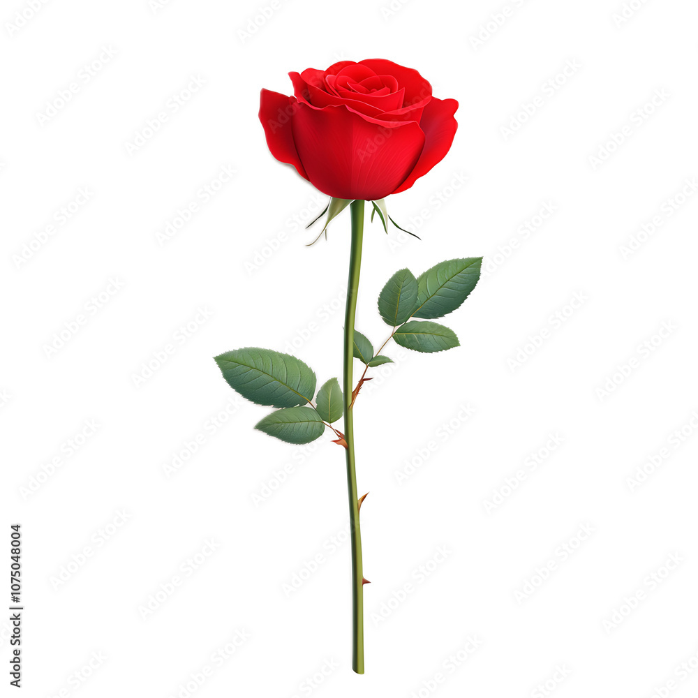a red rose, fully bloomed with green stem and leaves, realistic petal details, isolated on white background a red rose, fully bloomed with green stem and leaves, realistic petal details, isolated on white background