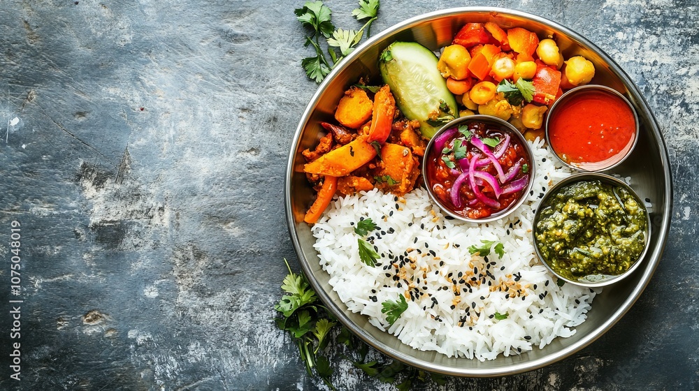 Delicious Indian Meal with Rice, Vegetables, and Chutney. AI generated illustration Delicious Indian Meal with Rice, Vegetables, and Chutney. AI generated illustration