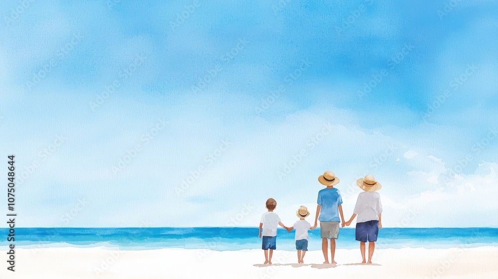 A family enjoying a sunny beach day, holding hands and creating lasting memories against a serene ocean backdrop under a clear blue sky. A family enjoying a sunny beach day, holding hands and creating lasting memories against a serene ocean backdrop under a clear blue sky.