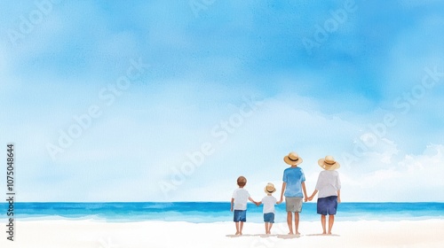 A family enjoying a sunny beach day, holding hands and creating lasting memories against a serene ocean backdrop under a clear blue sky.