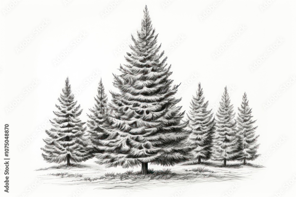 Fototapeta premium Fir tree sketch bw drawing plant white.