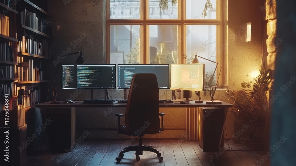 Fototapeta premium Cozy home office setup with multiple monitors and coding on screen