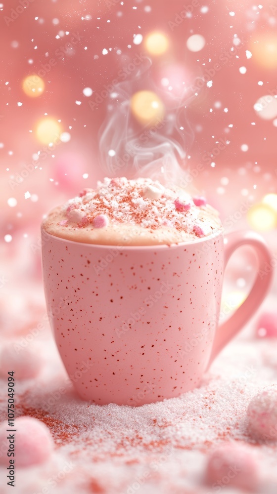 Minimalist stock photo of a steaming cup of cocoa surrounded by small snowflakes and rabbit tracks, soft winter light, space for text above Minimalist stock photo of a steaming cup of cocoa surrounded by small snowflakes and rabbit tracks, soft winter light, space for text above