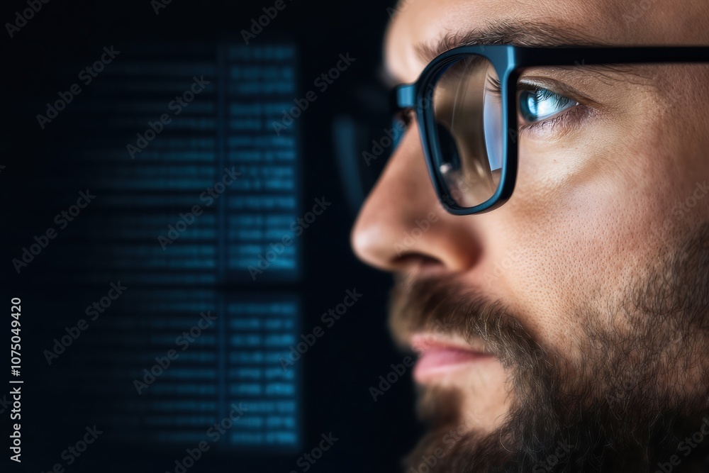 Close-up of a focused man with glasses, analyzing data on a screen, demonstrating concentration and technology engagement. Close-up of a focused man with glasses, analyzing data on a screen, demonstrating concentration and technology engagement.
