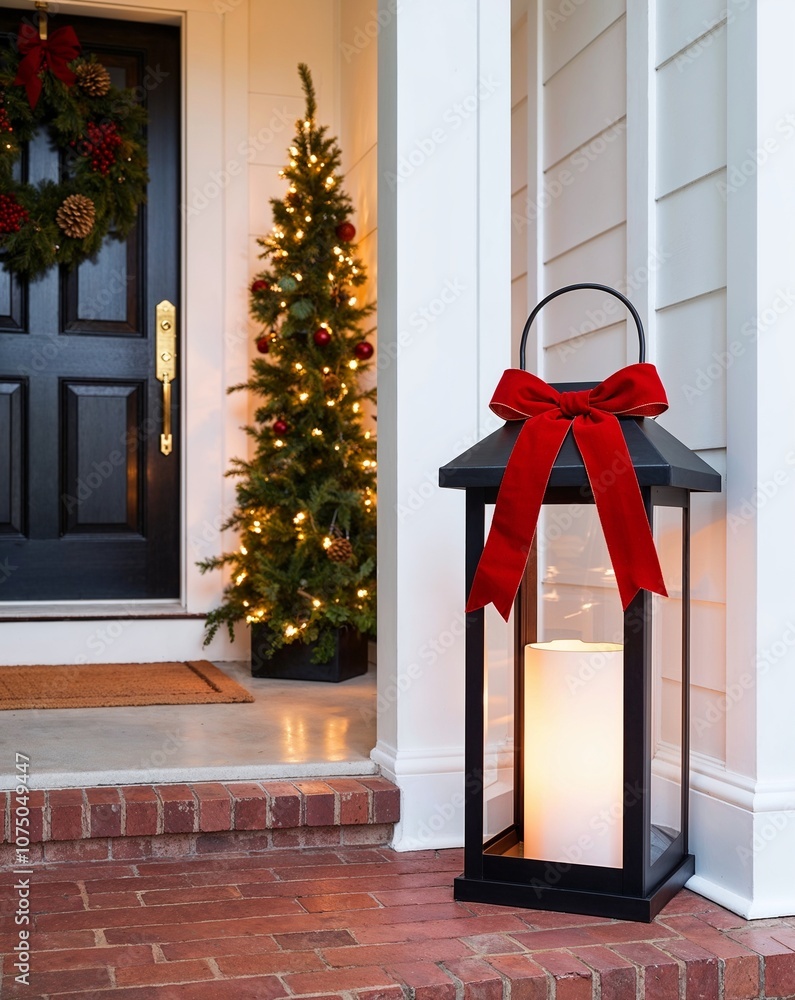 Fototapeta premium Holiday gift box lantern with bow softly illuminating a darkened entryway