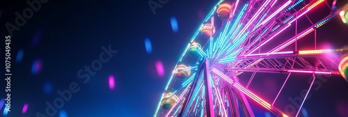 Colorful Ferris Wheel with Neon Lights at Night. AI generated illustration