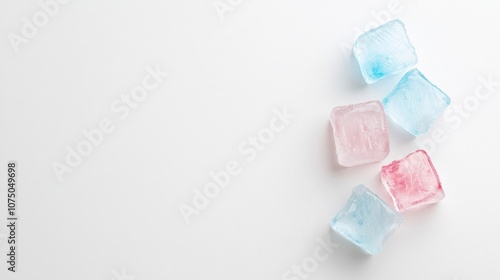 Colorful ice cubes in pink, blue, and clear hues arranged on a white background, perfect for beverage, summer, or refreshing themes.