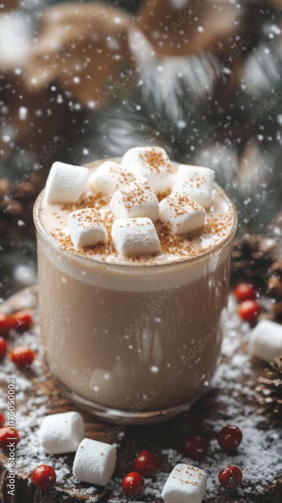 Stock photo of cocoa with marshmallows on a stump with small rowan berries and pine branches, snowflakes falling gently and soft forest light, space for text on the left Stock photo of cocoa with marshmallows on a stump with small rowan berries and pine branches, snowflakes falling gently and soft forest light, space for text on the left