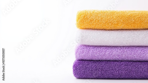 Stack of soft, colorful towels in yellow, white, and purple, perfect for home decor, bathrooms, or hotel use, adding a touch of brightness.