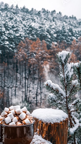 Minimalist stock image of hot cocoa with marshmallows, steam rising against a snowy forest background, light mist envelops the scene, white space for text above photo