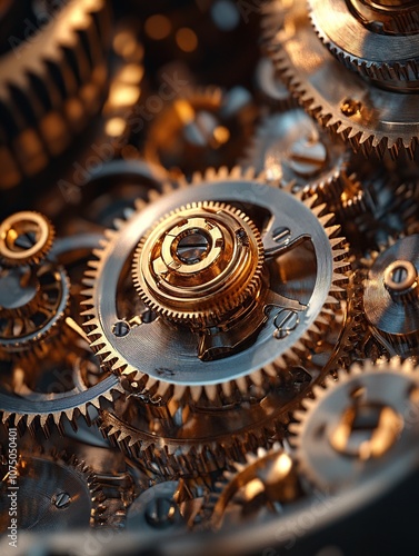 A macro photograph of intricate clock gears and cogs interlocking together. The metallic textures are highlighted in antique gold and bronze tones, showcasing the craftsmanship.