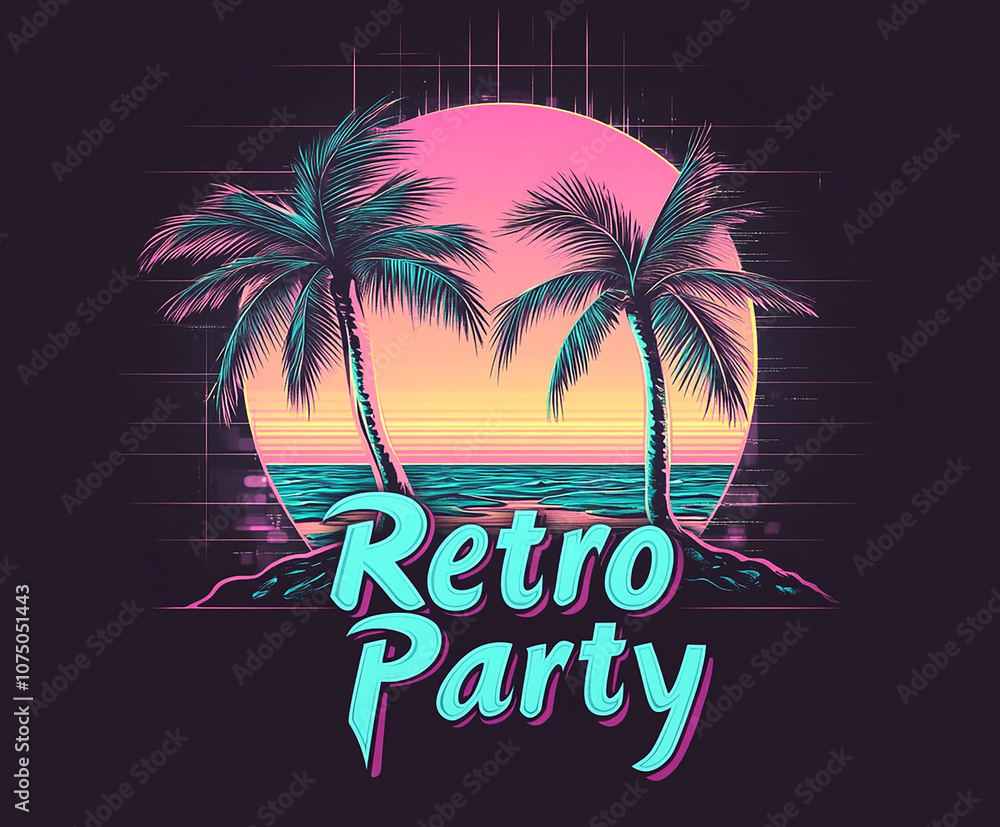 Naklejka premium A logo for an outdoor party in the 80s and 90s era, featuring neon colors and digital elements, with palm trees and a sunset over water