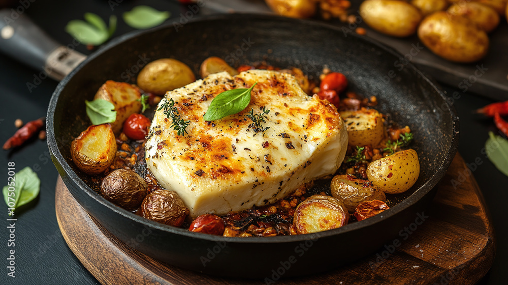 Raclette cheese with roasted potatoes and fresh herbs in a skillet, offering a delicious and rustic culinary presentation in a cozy setting Raclette cheese with roasted potatoes and fresh herbs in a skillet, offering a delicious and rustic culinary presentation in a cozy setting