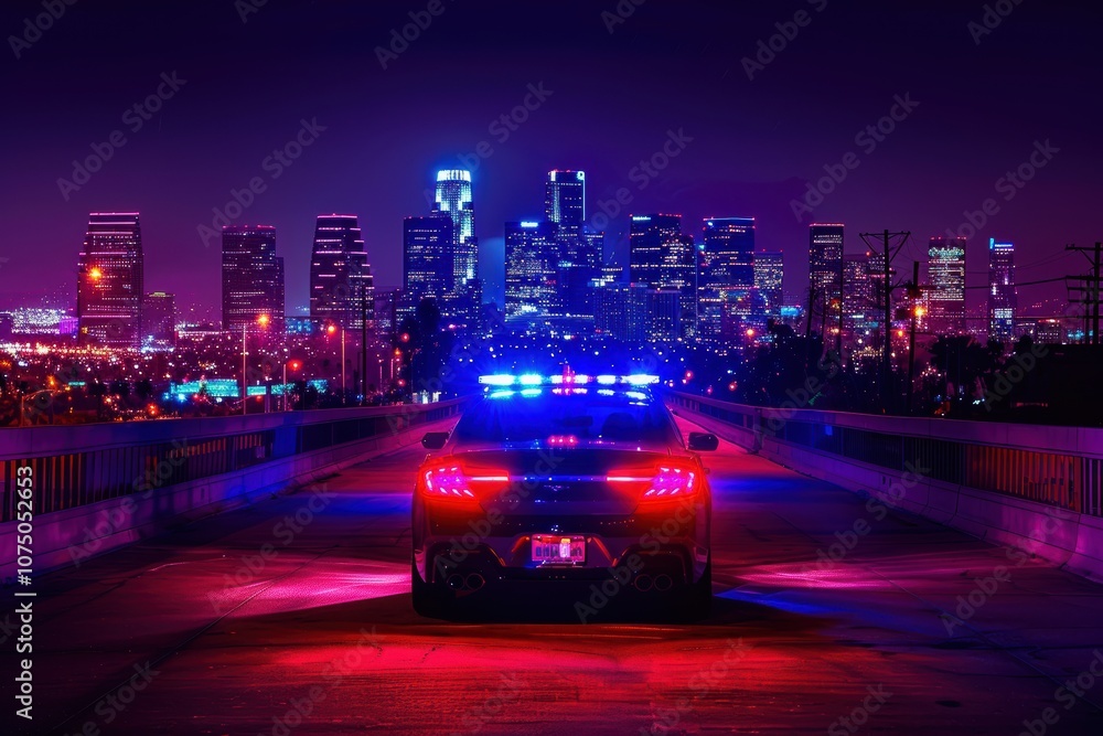 City skyline lit up by police car's flashing blue and red lights at night, symbolizing safety City skyline lit up by police car's flashing blue and red lights at night, symbolizing safety