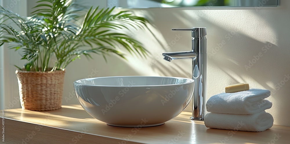 Close-up of a modern bathroom sink with a chrome faucet and white bowl on a wooden countertop. AI generated illustration Close-up of a modern bathroom sink with a chrome faucet and white bowl on a wooden countertop. AI generated illustration