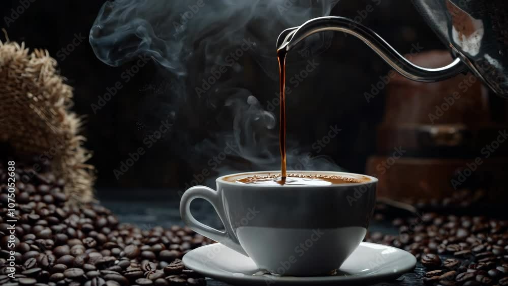 A coffee pot is pouring coffee into a white cup