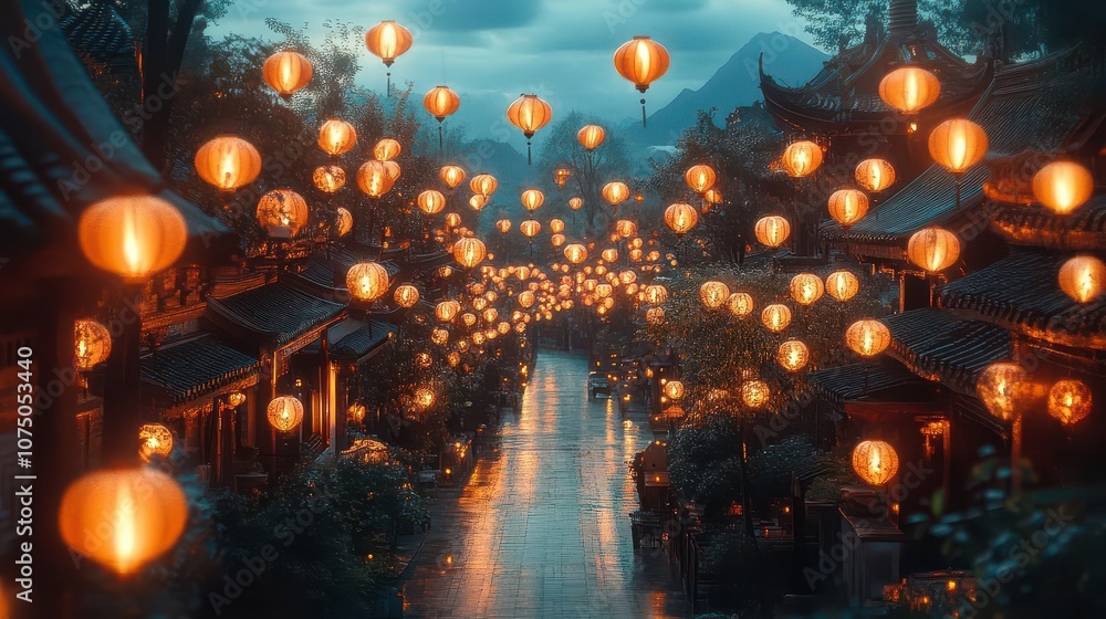 drone ascends over a beautifully illuminated road, where lanterns create a warm glow, contrasting with the night sky, capturing the essence of nighttime urban exploration drone ascends over a beautifully illuminated road, where lanterns create a warm glow, contrasting with the night sky, capturing the essence of nighttime urban exploration