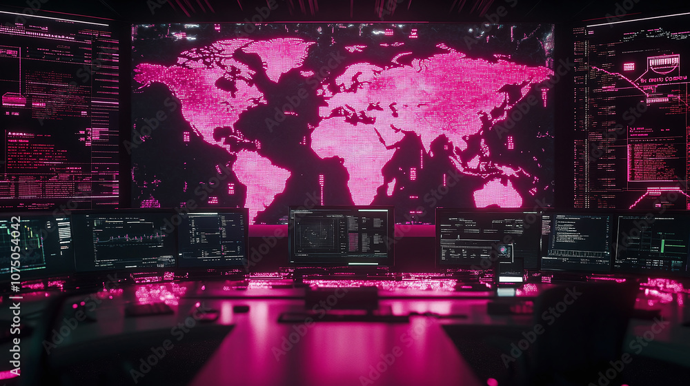 Global digital map displayed on a high-tech command center screen, showcasing real-time data and analytics in a vibrant neon pink for monitoring worldwide activity. Global digital map displayed on a high-tech command center screen, showcasing real-time data and analytics in a vibrant neon pink for monitoring worldwide activity.