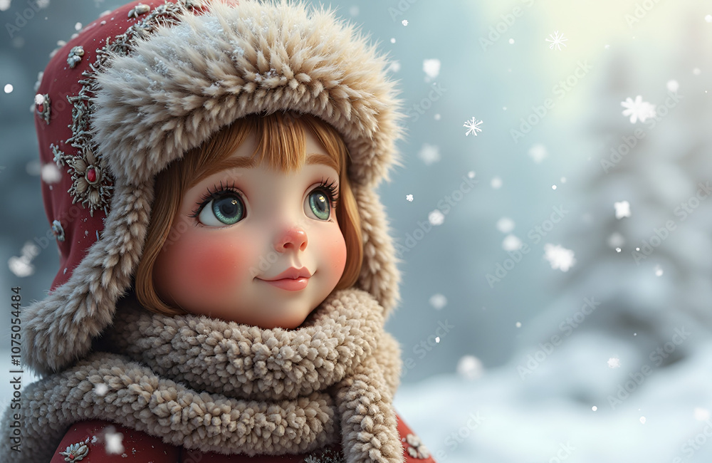 Snegurochka with rosy cheeks, wearing a white fur hat and scarf, looking thoughtfully Snegurochka with rosy cheeks, wearing a white fur hat and scarf, looking thoughtfully