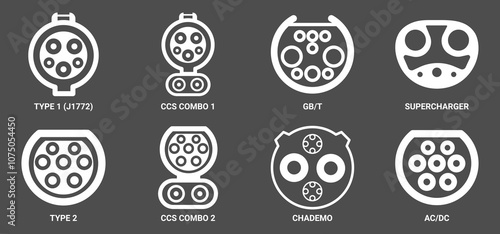Types of electric vehicle plugs. standard charging connector plug and socket. Connectors for electric vehicles. electric car charge