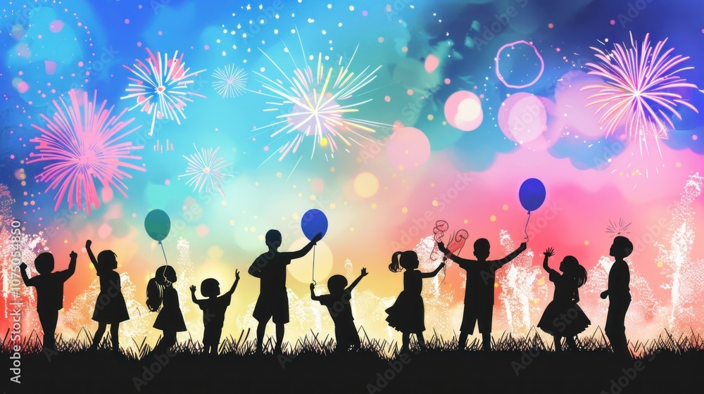 Obraz premium Children Celebrating with Fireworks