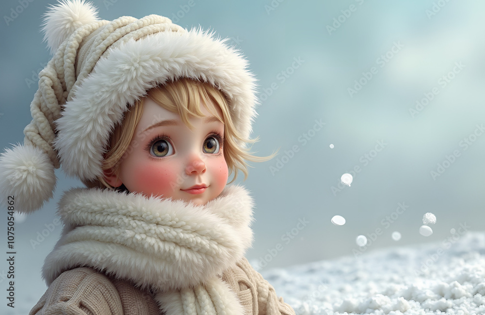 Snegurochka with rosy cheeks, wearing a white fur hat and scarf, looking thoughtfully Snegurochka with rosy cheeks, wearing a white fur hat and scarf, looking thoughtfully