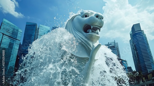 Wallpaper Mural Merlion Statue with Freshwater Spouts Against Skyscrapers. AI generated illustration Torontodigital.ca