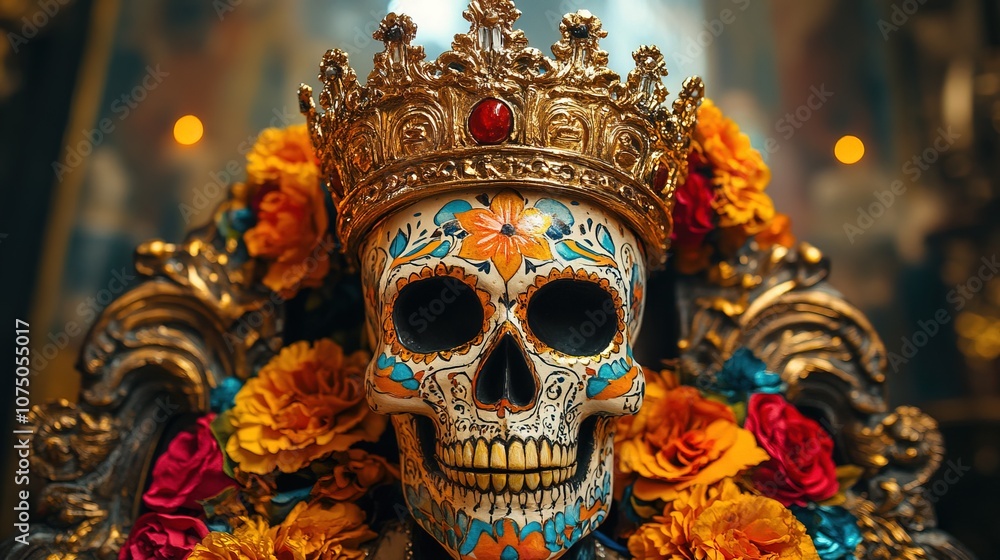 Day of the Dead Sugar Skull with Gold king throne