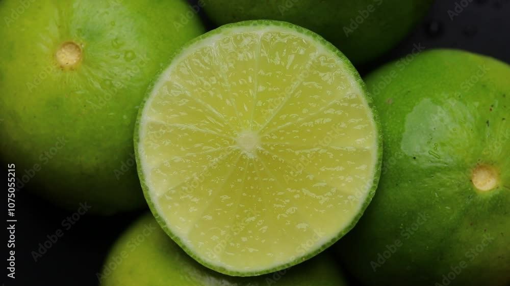 Half of green lime citrus fruit rotating on black background. top view