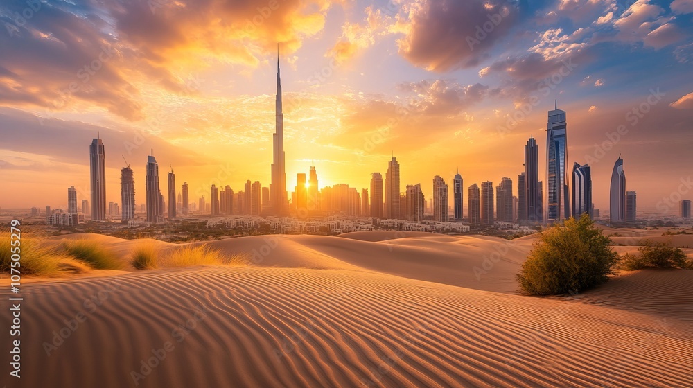 Dubai skyline at sunset with desert dunes in warm tones. AI generated illustration Dubai skyline at sunset with desert dunes in warm tones. AI generated illustration