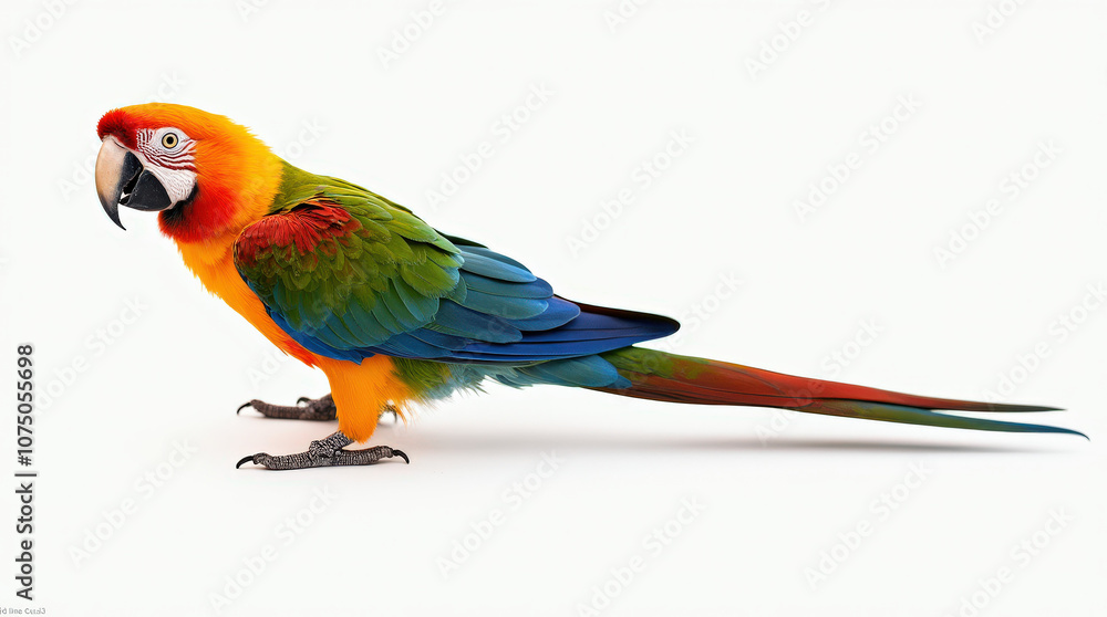 Obraz premium Vibrant Parrot Close-Up Photography on White Background - Perfect for Tropical Wildlife and Nature Themes
