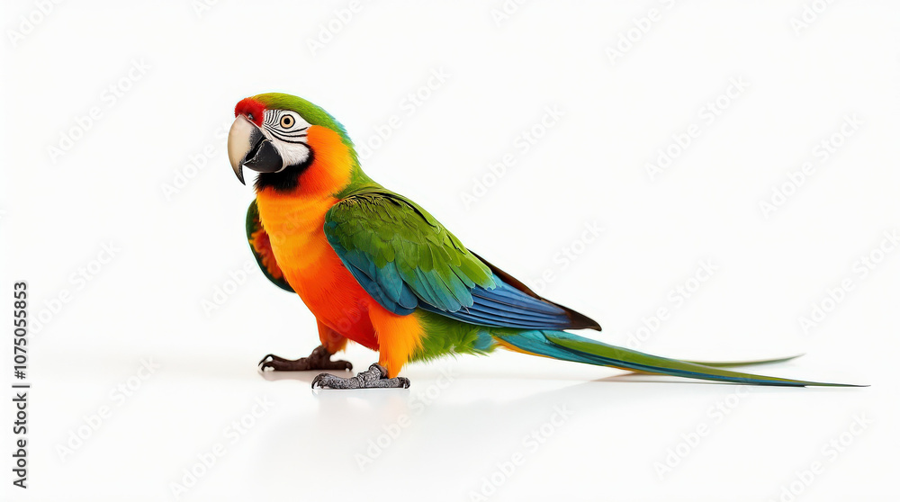 Fototapeta premium Vibrant Parrot Close-Up Photography on White Background - Perfect for Tropical Wildlife and Nature Themes