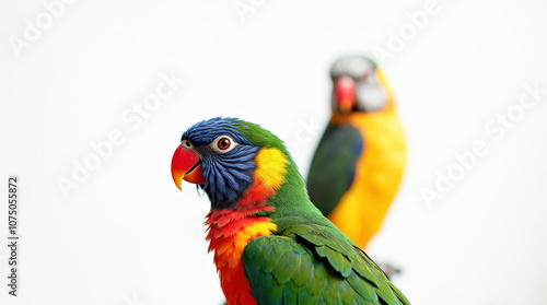 Vibrant Parrot Close-Up Photography on White Background - Perfect for Tropical Wildlife and Nature Themes