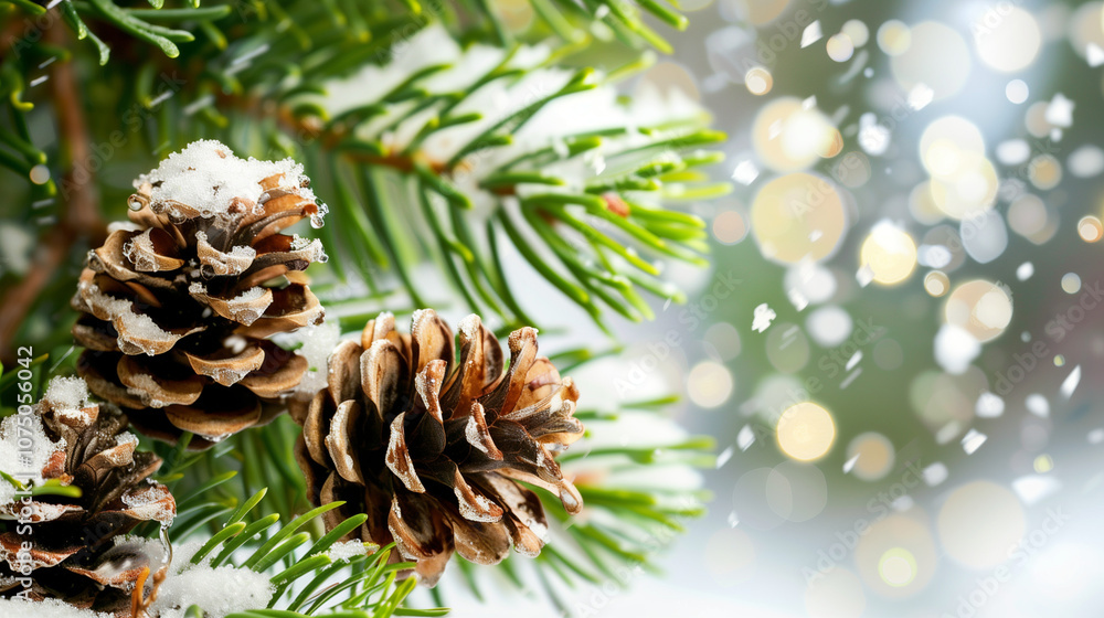 Snow covered pine cones on tree branches, falling snowflakes and defocused lights, Christmas atmosphere Snow covered pine cones on tree branches, falling snowflakes and defocused lights, Christmas atmosphere