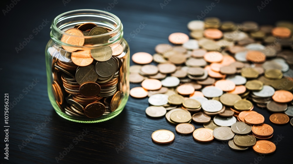 A top view of coins and a budget plan, illustrating financial planning and saving A top view of coins and a budget plan, illustrating financial planning and saving