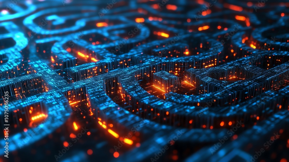 Abstract 3D illustration of glowing blue and orange circuit board. Abstract 3D illustration of glowing blue and orange circuit board.