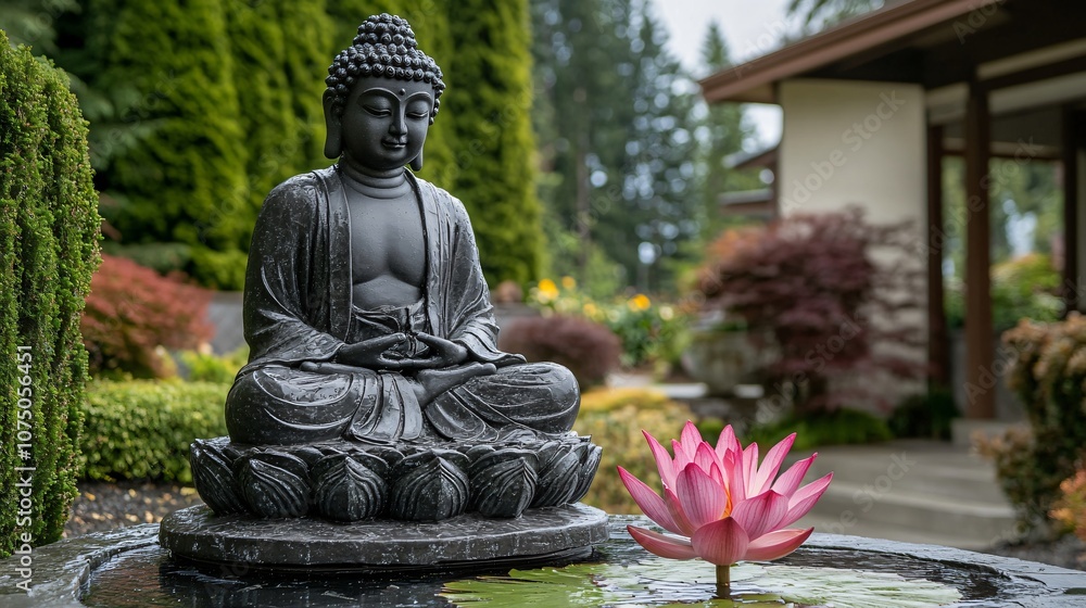 Tranquil Garden with Buddha Statue and Lotus Flower Tranquil Garden with Buddha Statue and Lotus Flower