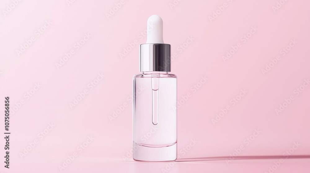 A sleek dropper bottle filled with a clear serum stands on a soft pink background, emphasizing beauty and skincare. A sleek dropper bottle filled with a clear serum stands on a soft pink background, emphasizing beauty and skincare.