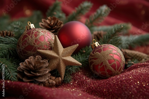 Christmas background with red and gold decorations, stars, and pine branches on a red backdrop