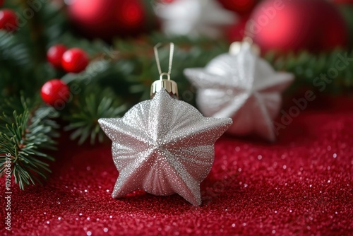 Christmas background with red and white decorations, stars, and pine branches on a red backdrop