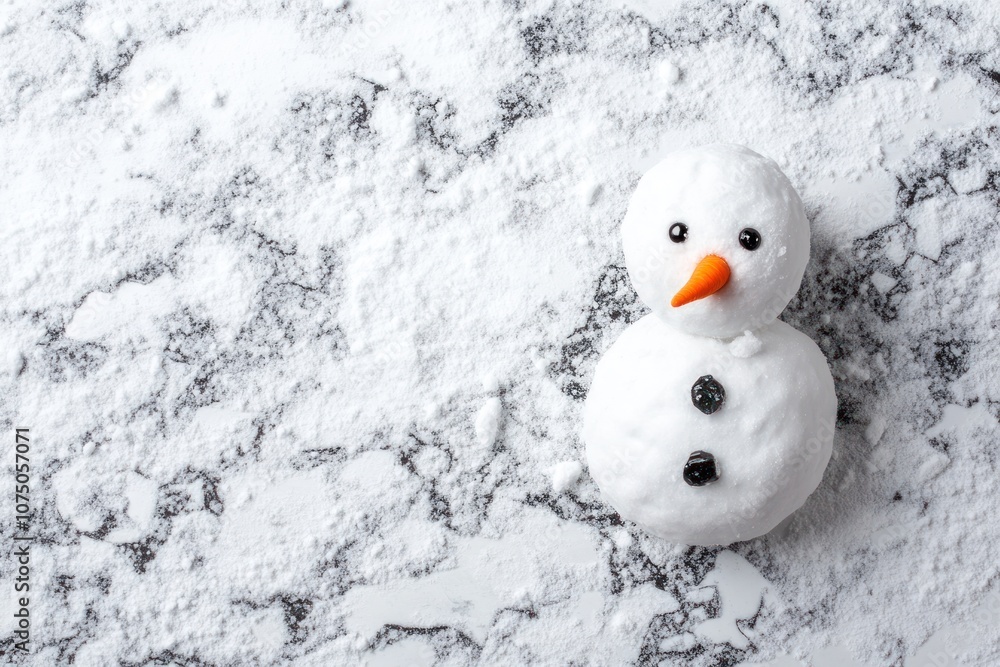 A small snowman made of snow with a carrot nose and black buttons on a snowy background.