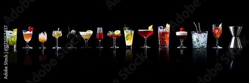 Colorful cocktails lined up with bar equipment on a black background. AI generated illustration
