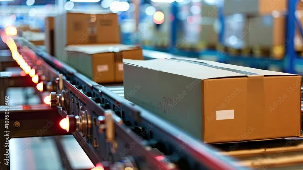 Efficient Logistics and Packaging Conveyor Belt Transporting Cardboard Boxes in Warehouse for Streamlined Delivery and Storage Solutions in Industrial Settings Efficient Logistics and Packaging Conveyor Belt Transporting Cardboard Boxes in Warehouse for Streamlined Delivery and Storage Solutions in Industrial Settings
