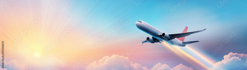 Fototapeta premium Airplane soaring through vibrant clouds during sunset.